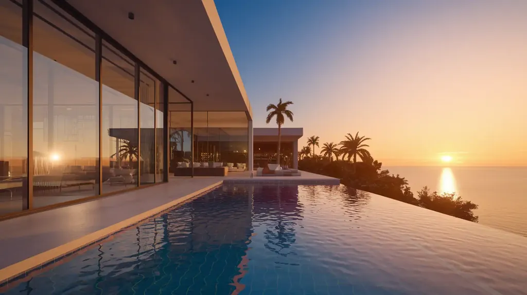 Glass villa with an infinity edge at dusk