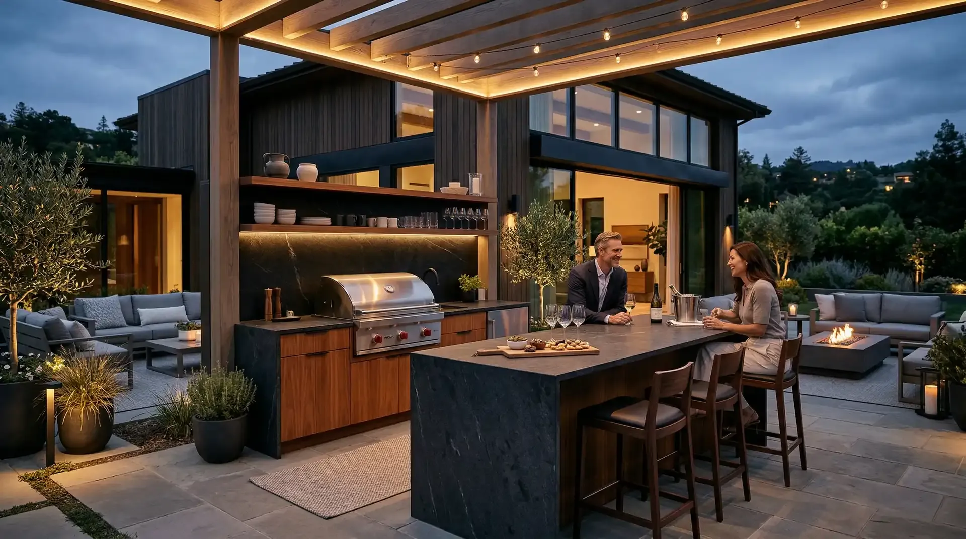 Outdoor kitchen island with bar seating under a lit pergola