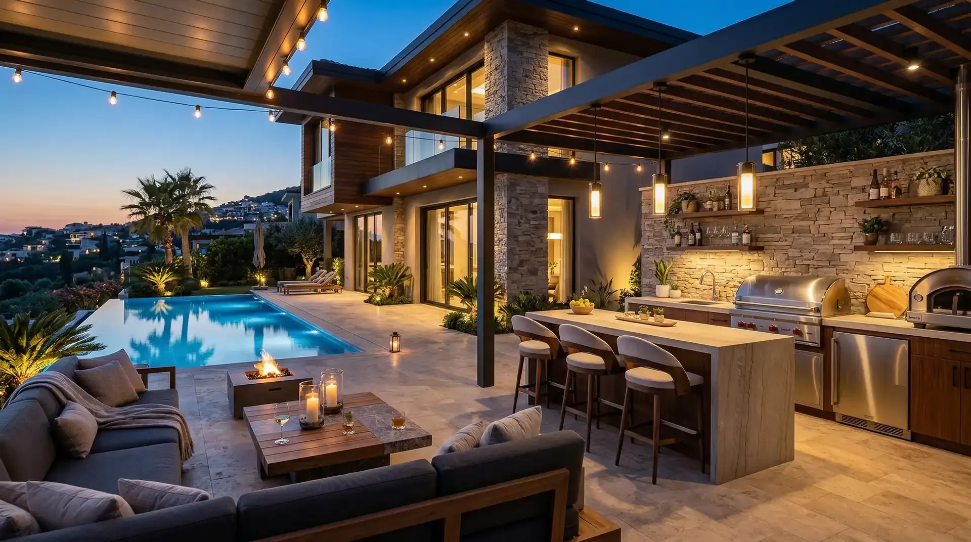 Outdoor kitchen under a pergola with pool and lounge in the evening
