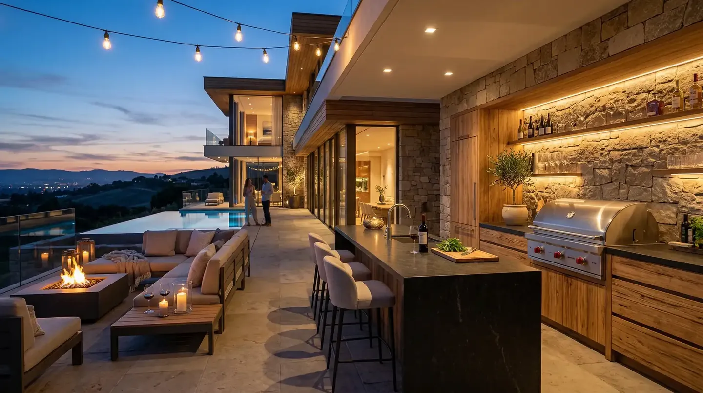 Outdoor kitchen with stone wall, grill and lounge by the pool