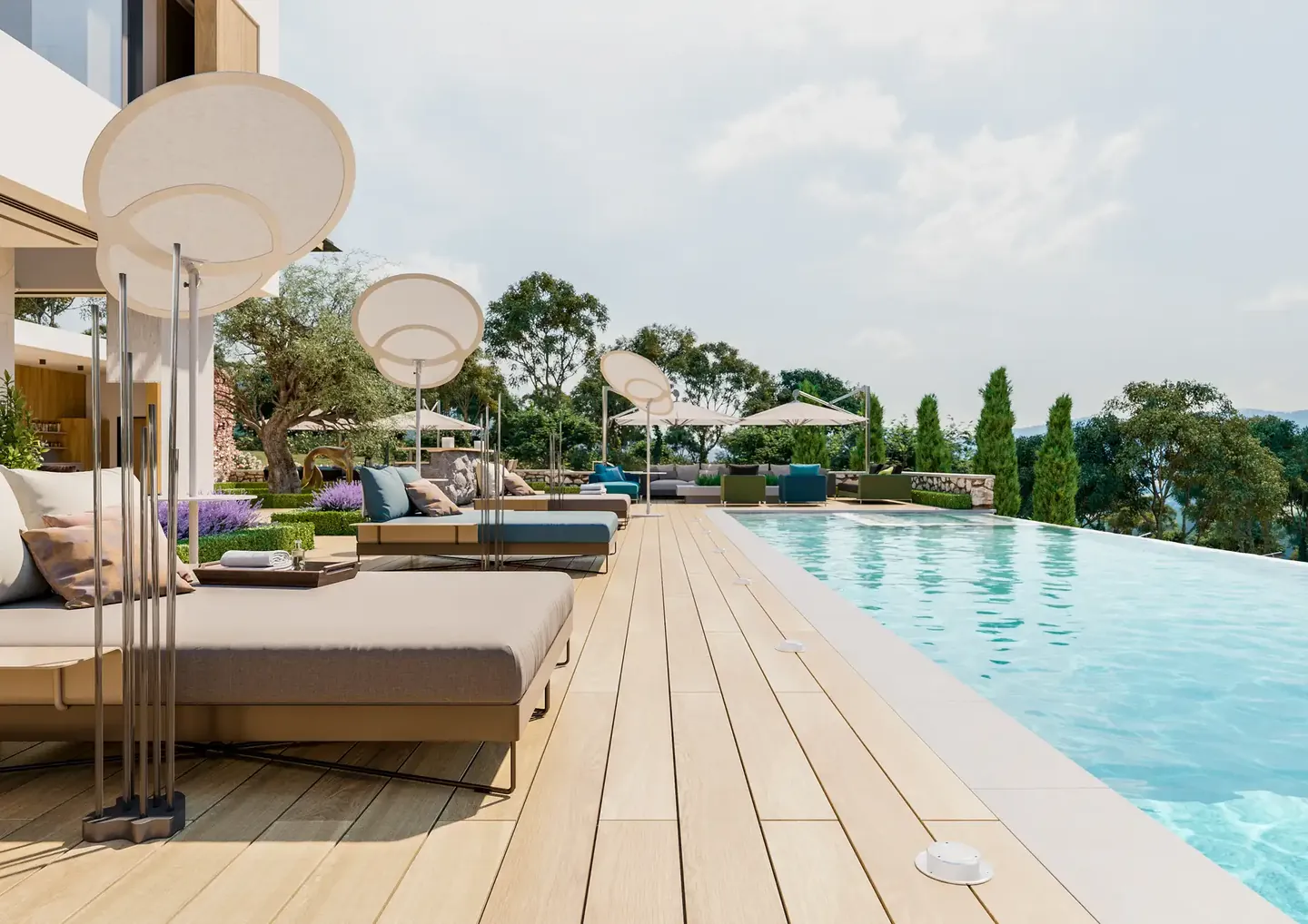 Pool deck with parasols and sun loungers